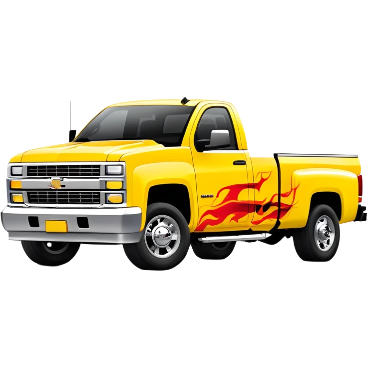 Yellow Chevrolet C-2500 Crew Cab with professional airbrushed red flame artwork on front hood and fenders, authentic Kill Bill truck design, 30-degree view, iOS emoji style emoji