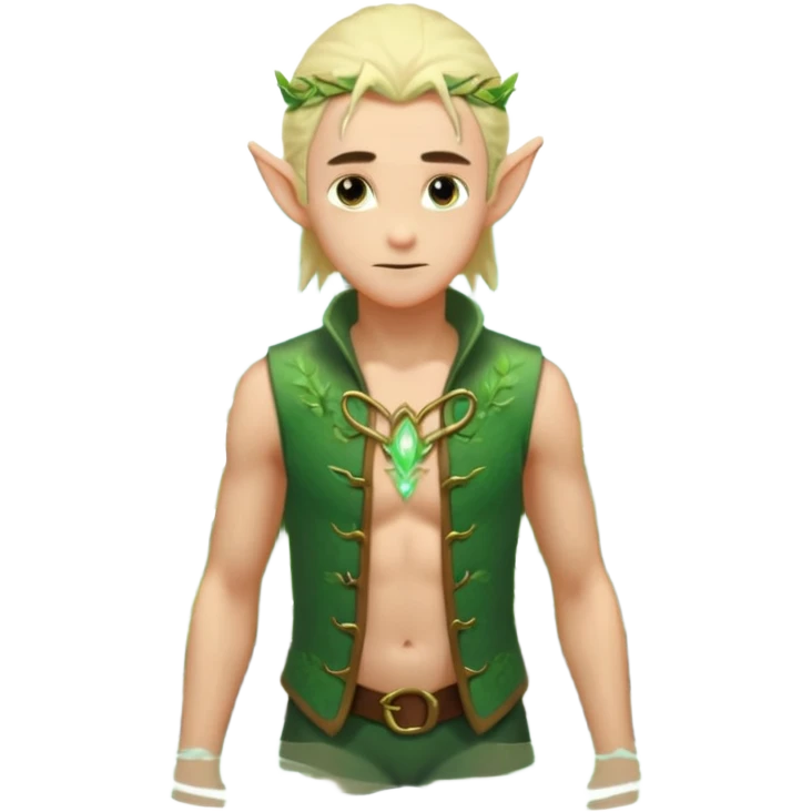 elf male legolas wading in shallow tide pool, palm emitting soft green light to heal glowing coral, practical open vest over bare chest, determined gaze, pointy ears, vibrant underwater plants, centered emoji, nature guardian summer emoji