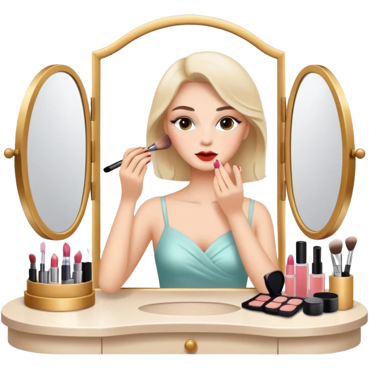 Hyperrealistic woman putting on makeup at a vanity emoji