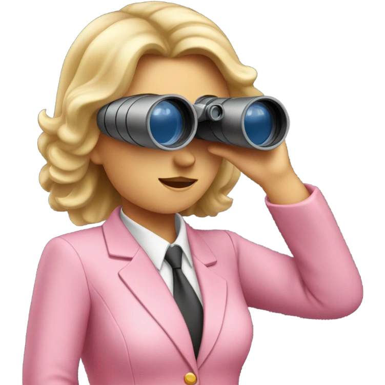 white female employee in pink suit using binoculars with loose hair emoji