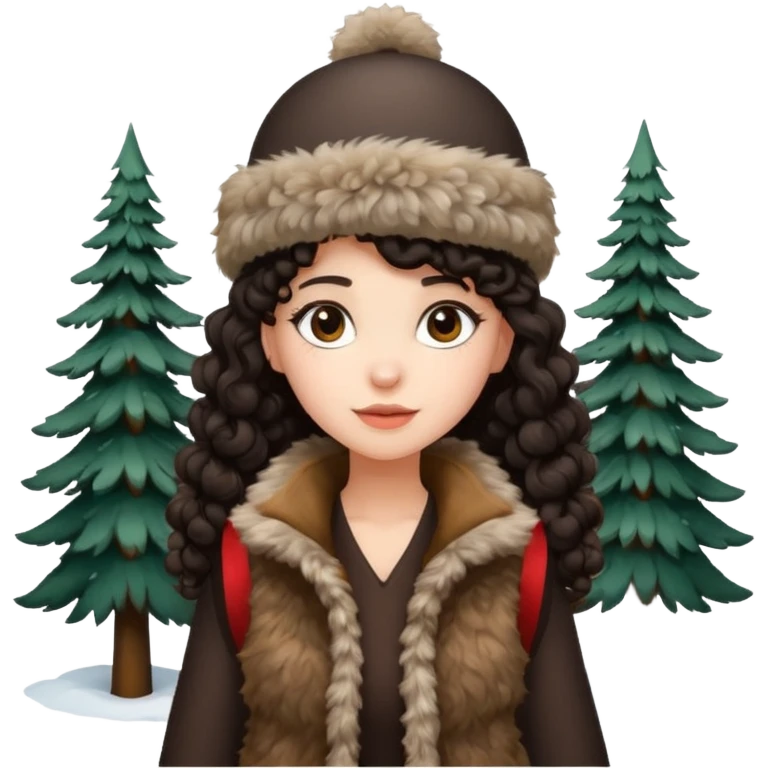 "A girl with curly dark hair 👩🏻‍🦱, wearing a fur hat 👒🦊 and a fur vest 🧥, standing in the snow ❄️ with pine trees 🌲 in the background. Minimalistic emoji style." emoji