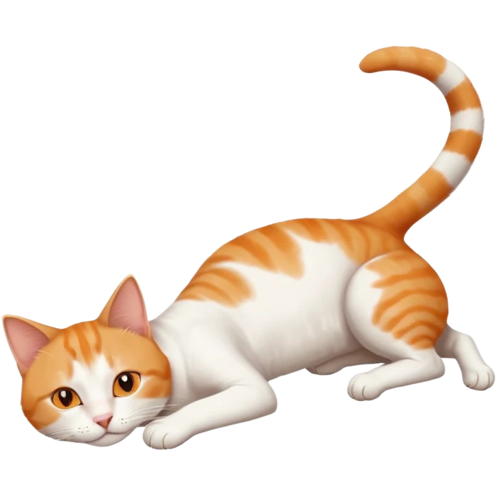 ginger and white cat with orange eyes doing a big extremely long stretch reaching up into the air with arms and legs side by side together straight and overextended whilst lying on its side emoji