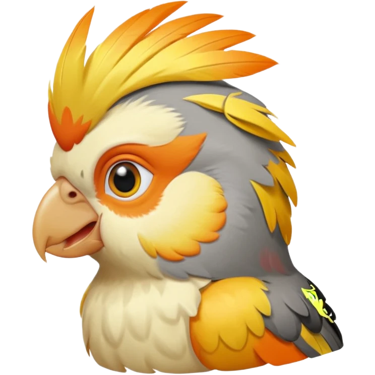 cockatiel in iOS emoji style, head tilted playfully, with a bright yellow crest and orange cheeks emoji
