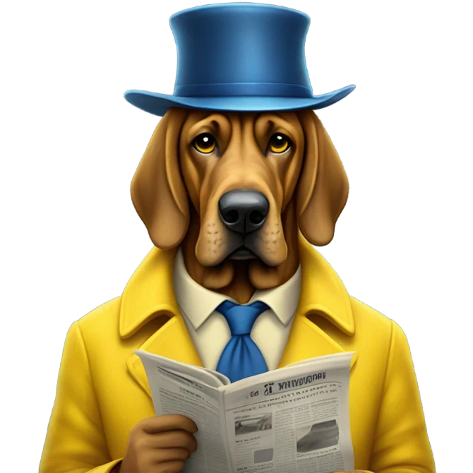 Full body blue and yellow bloodhound-wearing bifocals in the rain reading a newspaper with To hat and trenchcoat. emoji