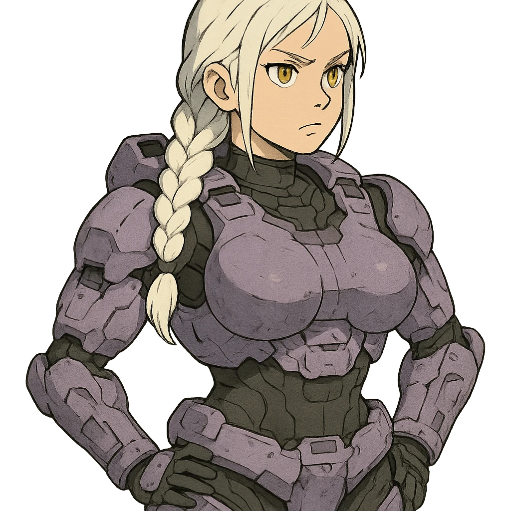 female, wearing reach spartan armor default, long white braid hair, gold yellow eyes, attention pose, halo series, no helmet, the armor is lavender color scheme and has no shoulder pad attachments. DDD bust size fitting. Punk gothic cyberpunk emoji