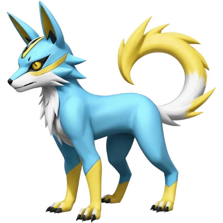 Shiny cyan yellow white electric complex futuristic white-cyber-masked Zeraora-Renamon-Electrike-Umbreon-Lombax-Weregarurumon-fusion-creature (full body emoji
