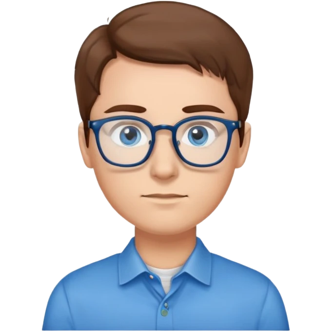 person with brown hair, blue eyes, glasses, wearing a blue shirt and a watch emoji