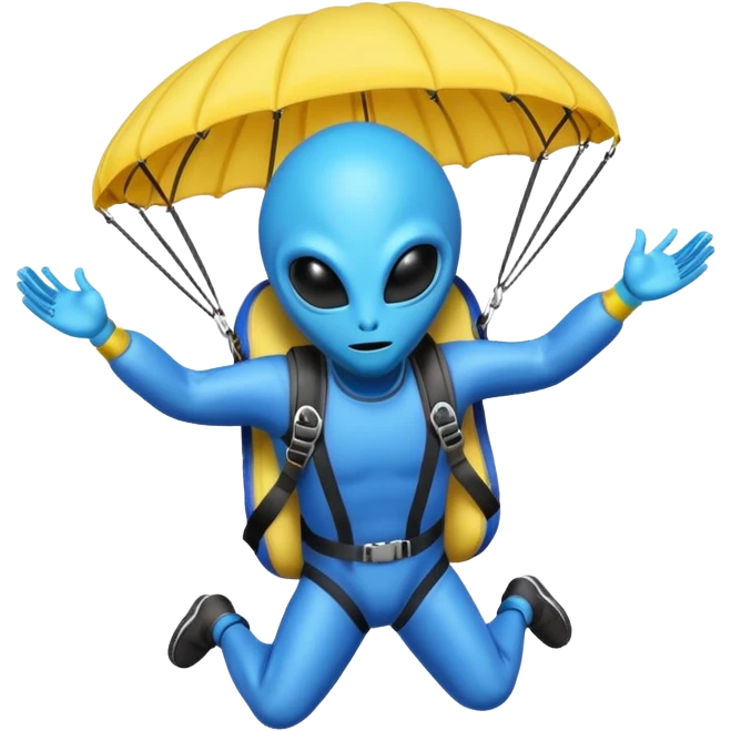 Skydiving blue alien with parachute and UFO emoji