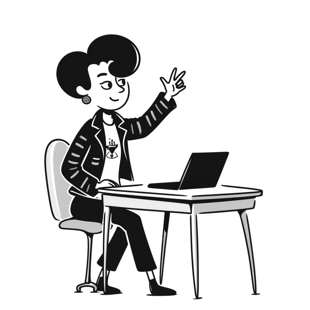A rockstar female musician with tattoos on her arms, stylish modern haircut with shaved sides, wearing cool rocker clothes, smiling and sitting at a desk with a laptop, raising hand during class emoji