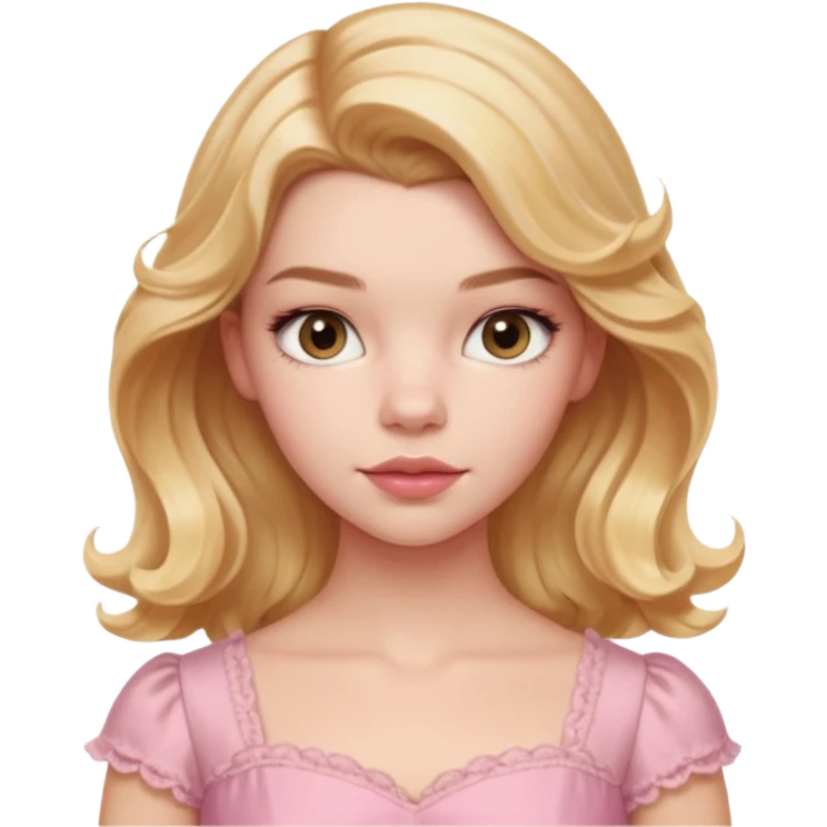 Cinematic Realistic Anya Taylor Joy Portrait, depicted with lifelike skin texture, subtle rosy undertones, and soft natural lighting that enhances the sweet blush contours of her face. Her intricately detailed golden blonde hair is elegantly wavy, and pink dress corquette emoji