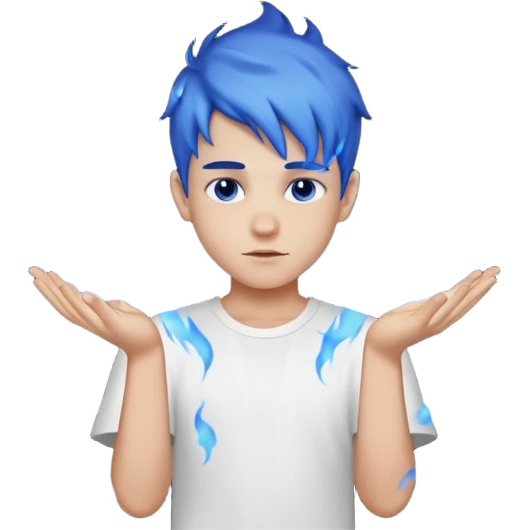 A boy with no hands fire instead made out of fire and blue fire on a white shirt that the boy is wearing  emoji