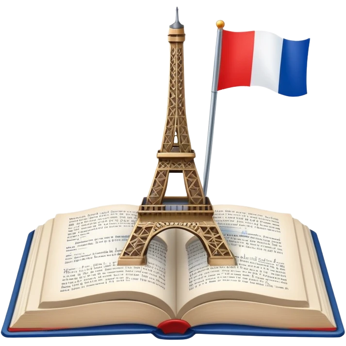 An icon featuring the Eiffel Tower and the flag of France, symbolizing the French language. The design includes an open book with French text, representing language learning and French culture. Transparent background highlights the elegance of the French-speaking world. emoji