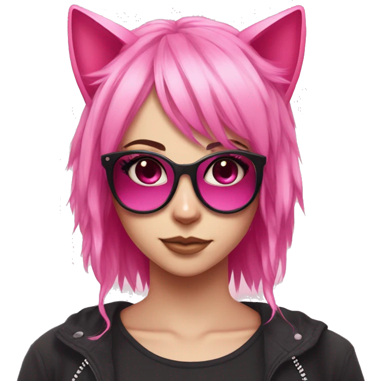 Pink haired girl with pink eyes with eyeliner on and pink cat ears on top of head, scene emo hairstyle with star sunglasses on top of her head emoji