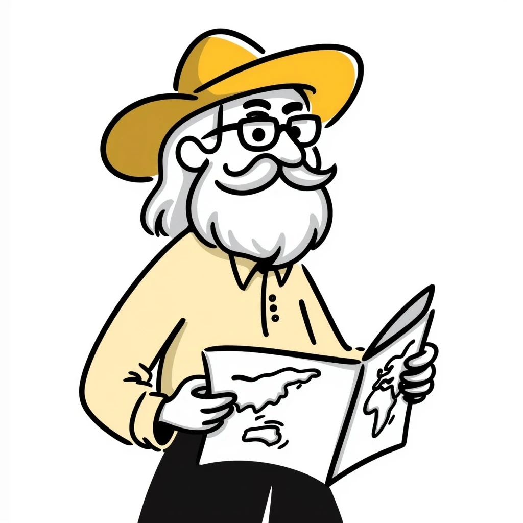 An elderly man with white hair and beard, wearing glasses and a yellow explorer hat emoji