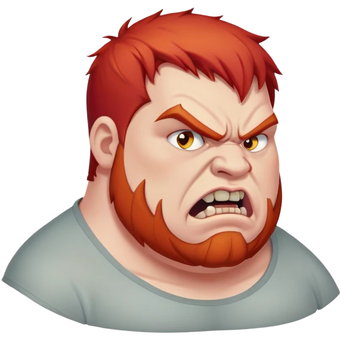 young angry fat man in profile view with red hair and fangs emoji