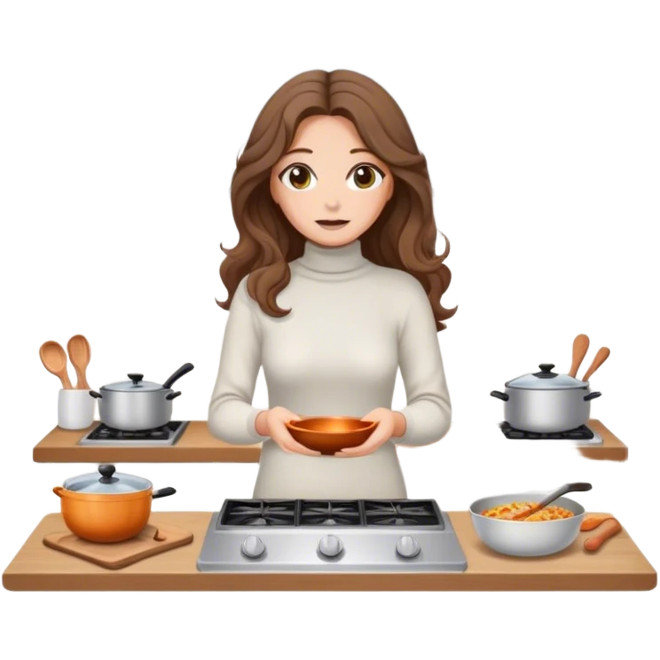 White thin woman with turtneck sweater while cooking in her own kitchen hazel eyes and brown long beach waves hair emoji