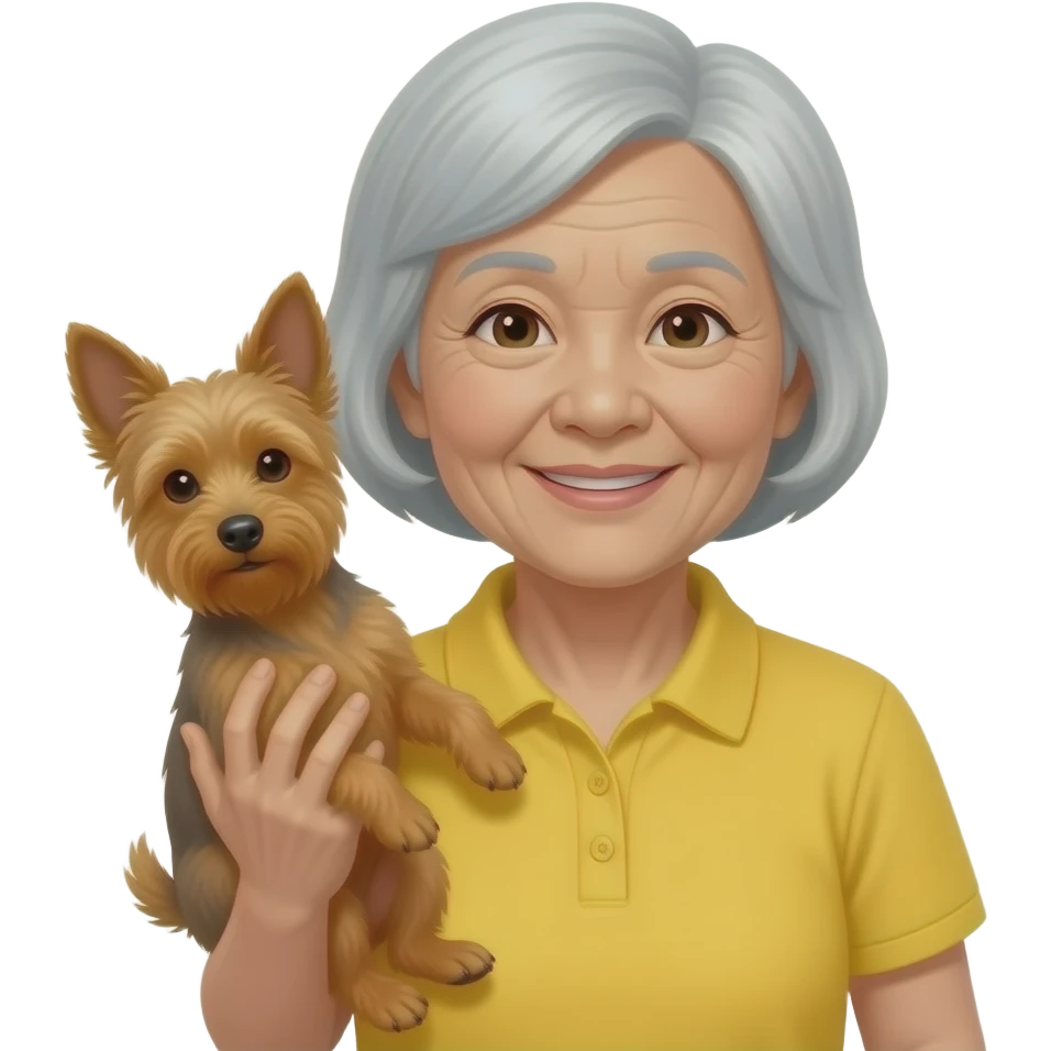 Asian grandma wearing yellow polo shirt with short white hair carrying brown terrier emoji