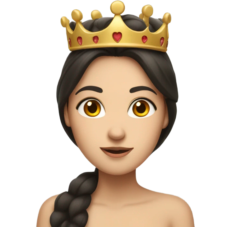 Caucasian long dark haired woman wearing a crown with five hearts floating around her head emoji
