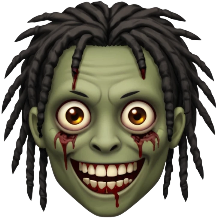 zombie with brown skin, messy black dreads hair, wide centered brown eyes, dark bloody marks under the eyes, and a smile showing grillz, giving a distressed, undead look. emoji