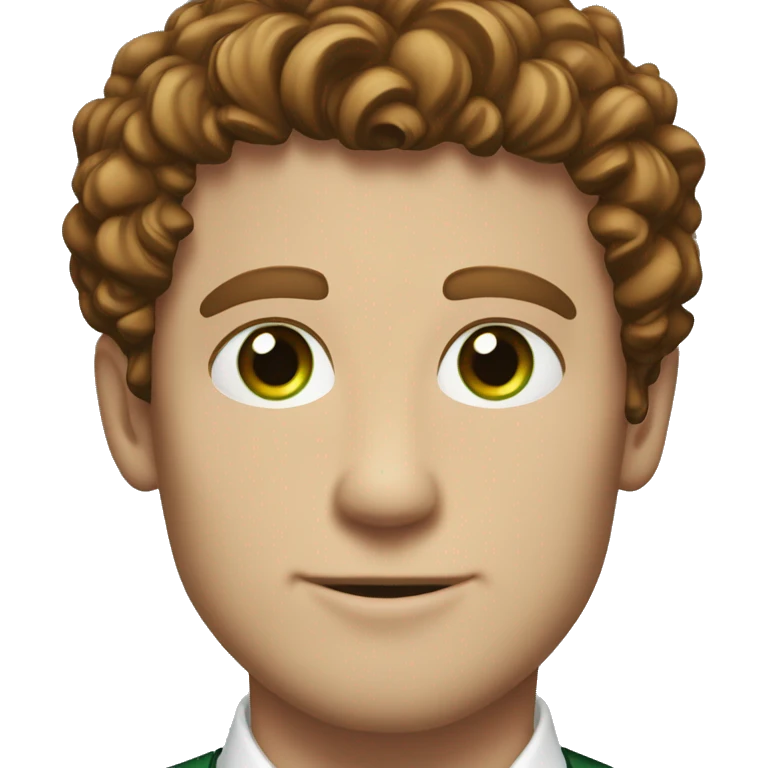 white man, high cheekbones, red tie, white button up, brown curly hair, green eyes emoji