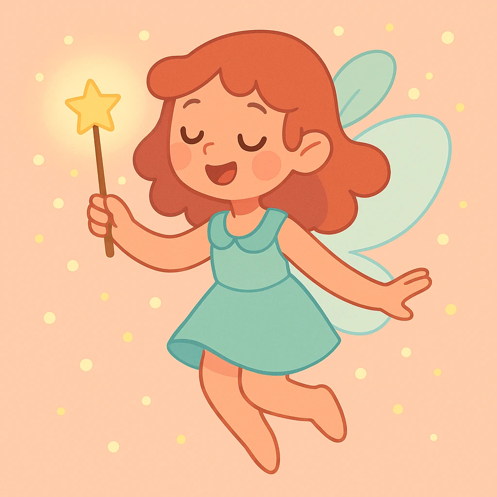 cute fairy holding glowing wand, surrounded by tiny floating lights, soft pastel style emoji