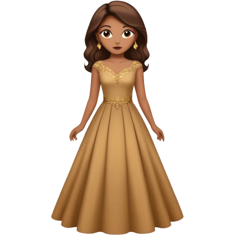 Woman using a long elegant dress. She has medium skin tone and a brown with gold makeup emoji