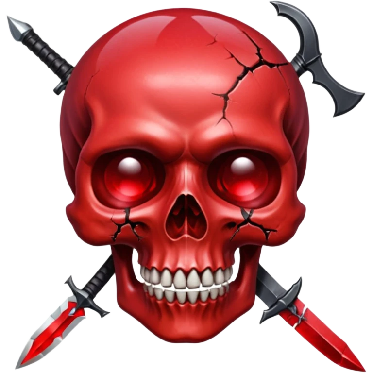 make me a red crystal skull partly see thew super gem like make it realistic and held together by a black bow and a small dager to the eye with cracks coming from it have the bow be loosly tied around the skull holding it together make the blade super realistic  emoji