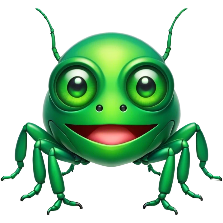 Cinematic Comical Green Bugdie Portrait Emoji, Head tilted dramatically with an exaggeratedly amused expression, featuring a striking, glossy emerald exoskeleton with bold patterns, wide, expressive multifaceted eyes filled with playful disbelief, Simplified yet hilariously expressive features, highly detailed, glowing with a slightly sassy glow, high shine, dramatic yet playful, stylized with an air of cheeky mischief, bright and endearing, soft glowing outline, capturing the essence of a spirited and over-the-top bug, so meme-worthy it feels like it could side-eye its way into internet fame instantly! emoji
