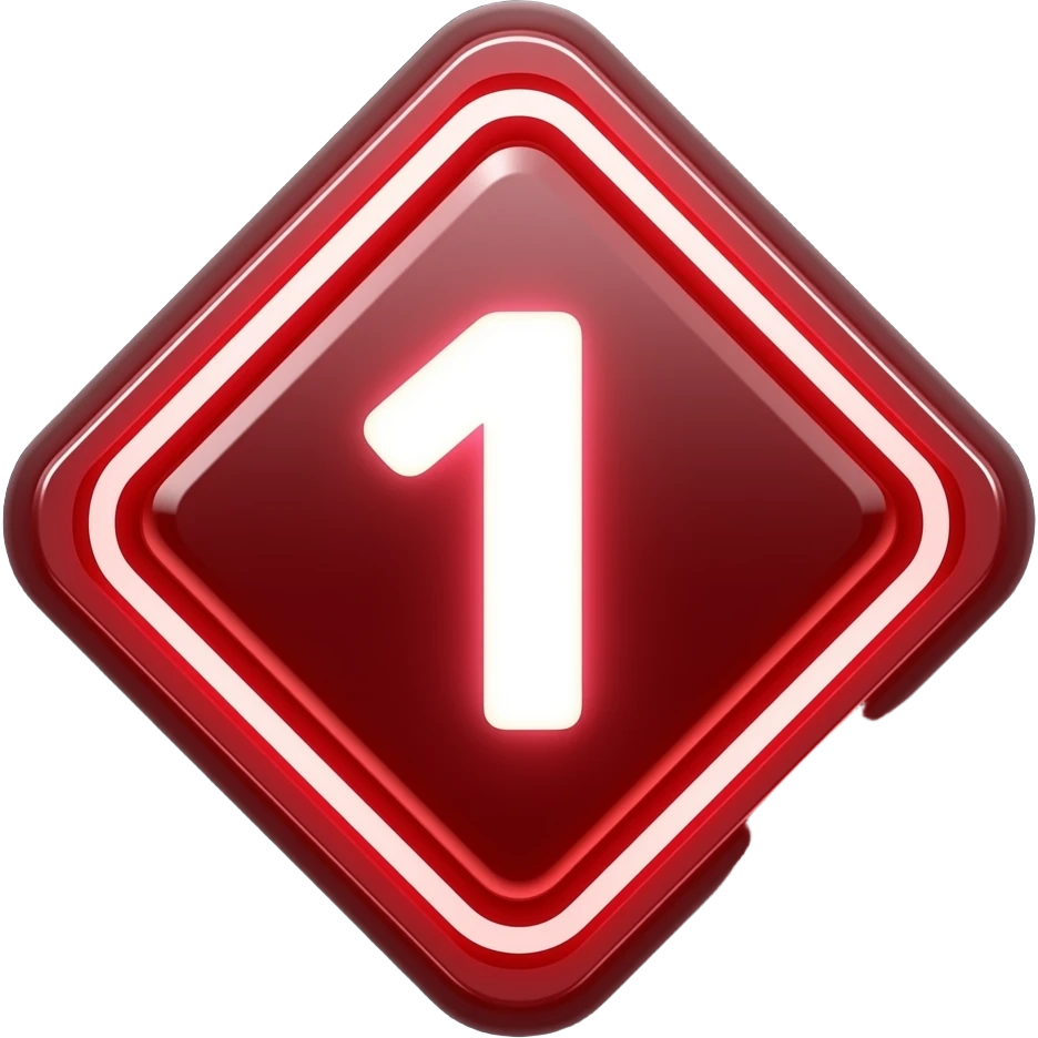 3D icon of a sleek isometric red rhombus, glossy metallic finish, bright neon glowing edges. In the center, a bold white glowing "1". Black background, cyberpunk UI style, sharp details. emoji