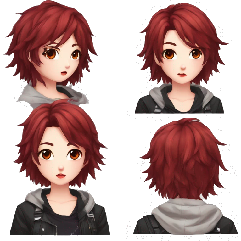 Gorgeous anime style tomboy-lady with blushing face aesthetic and pretty edgy black red punk hair with hair garment trending style emoji