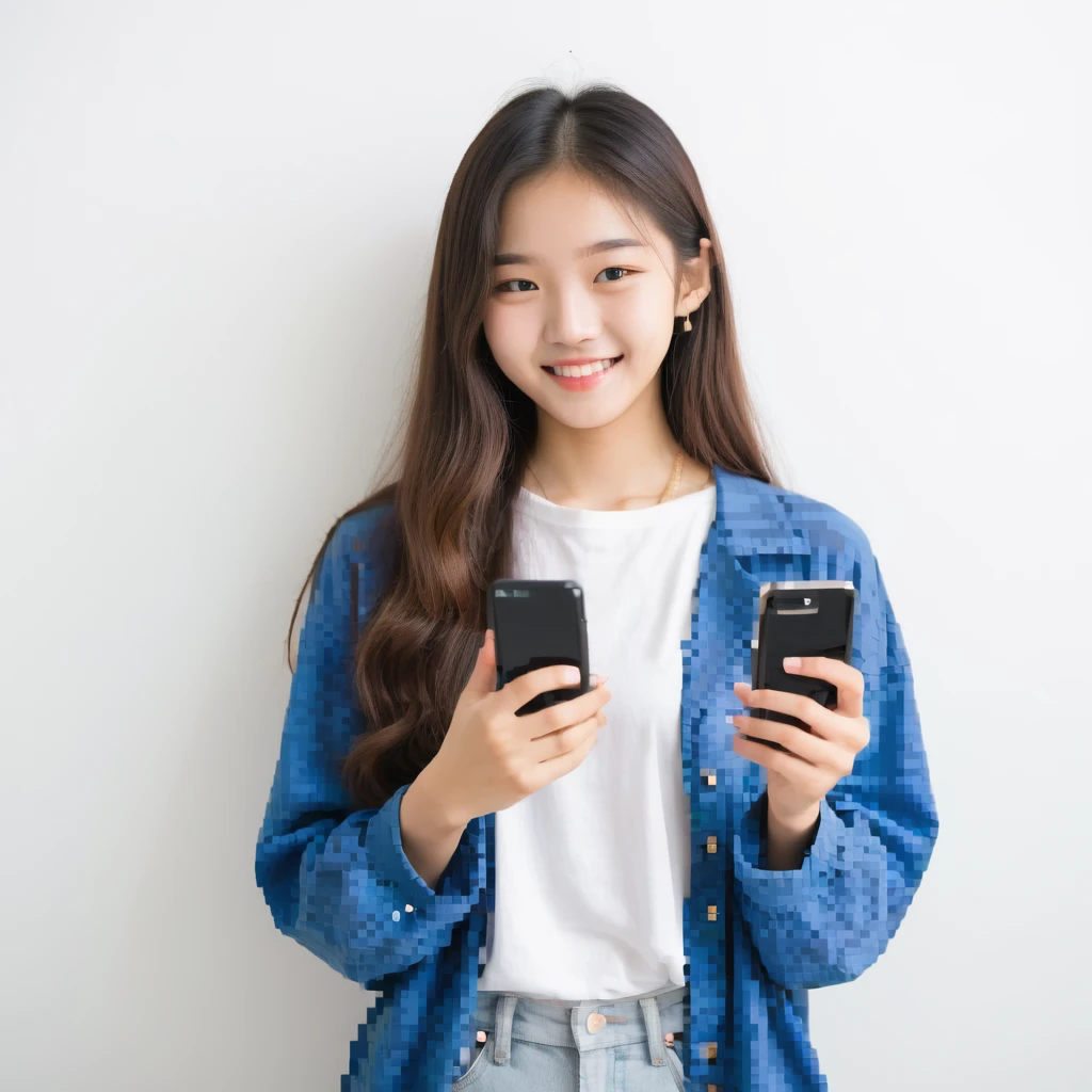 pixel art, 17-year-old Korean girl, long hair, holding a phone, cheerful emoji
