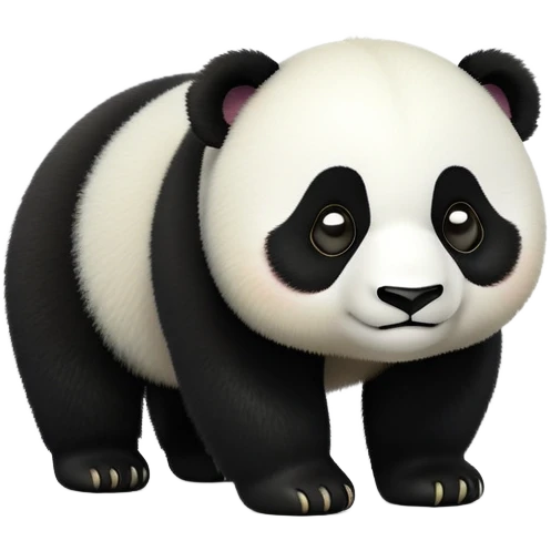 cinematic-[panda bear]-realistic-full-body-standing on all fours-emoji,-tail-tucked-close,-head-tilted-dramatically,-thick-[black and white]-fur,-simplified-yet-realistic-focused-features,-highly-detailed,-glowing-with-an-almost-sarcastic-glow emoji