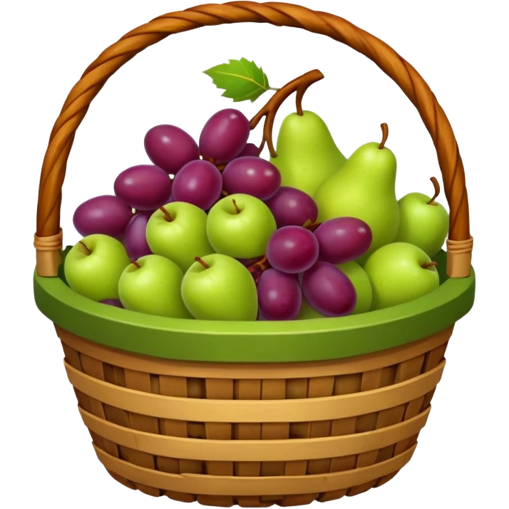 medieval fruit basket object icon, grapes apples pears, woven basket, rustic medieval vibe, 3D cartoon, mobile game icon style, clean background, no text, no watermark
 emoji