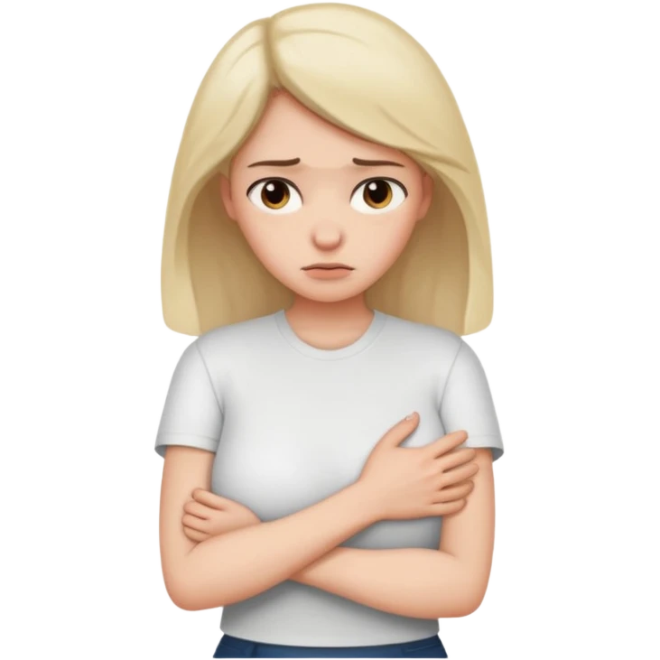 женщина обнимает себя как будто "держит себя в руках", нахмурена emoji