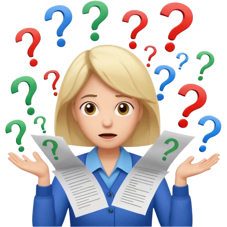 A kindergardenteacher with an overwhelmed expression, surrounded by flying papers and three question marks. emoji