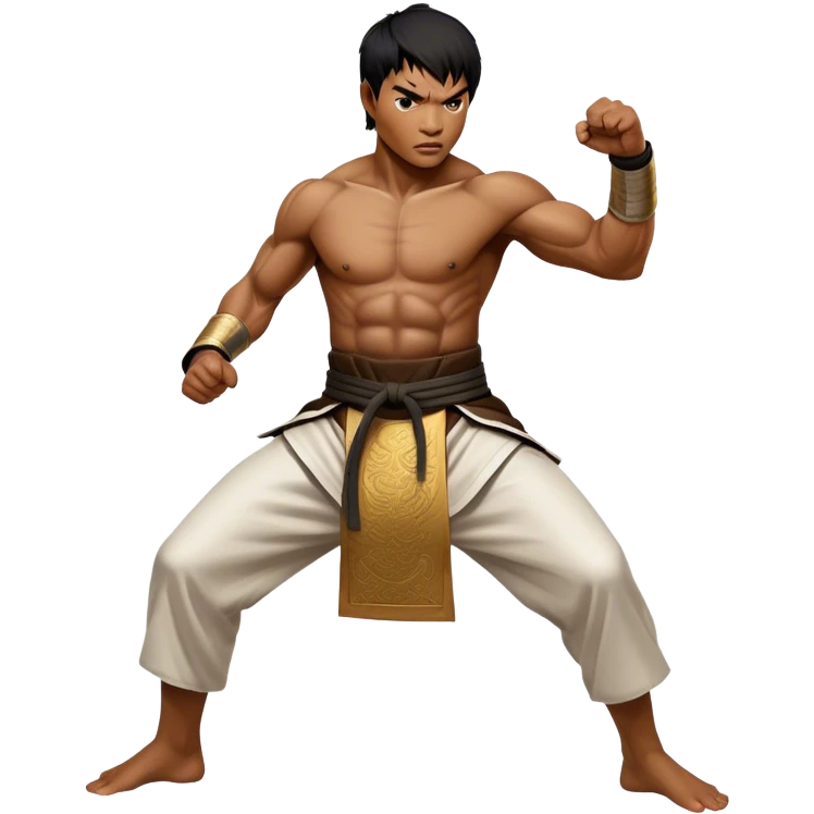 Tony Jaa – Cinematic Realistic Portrait of Tony Jaa, depicted as a dynamic martial arts warrior with intense eyes and a powerful stance in traditional Thai fighting attire, rendered in mid-motion with dramatic lighting and high-detail textures that capture his raw physicality and grace. emoji
