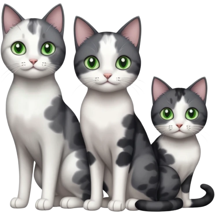 3 different coloured small cats including a dark grey and white, and a patchy calico and a completely solid dark grey with green eyes and only white paws emoji