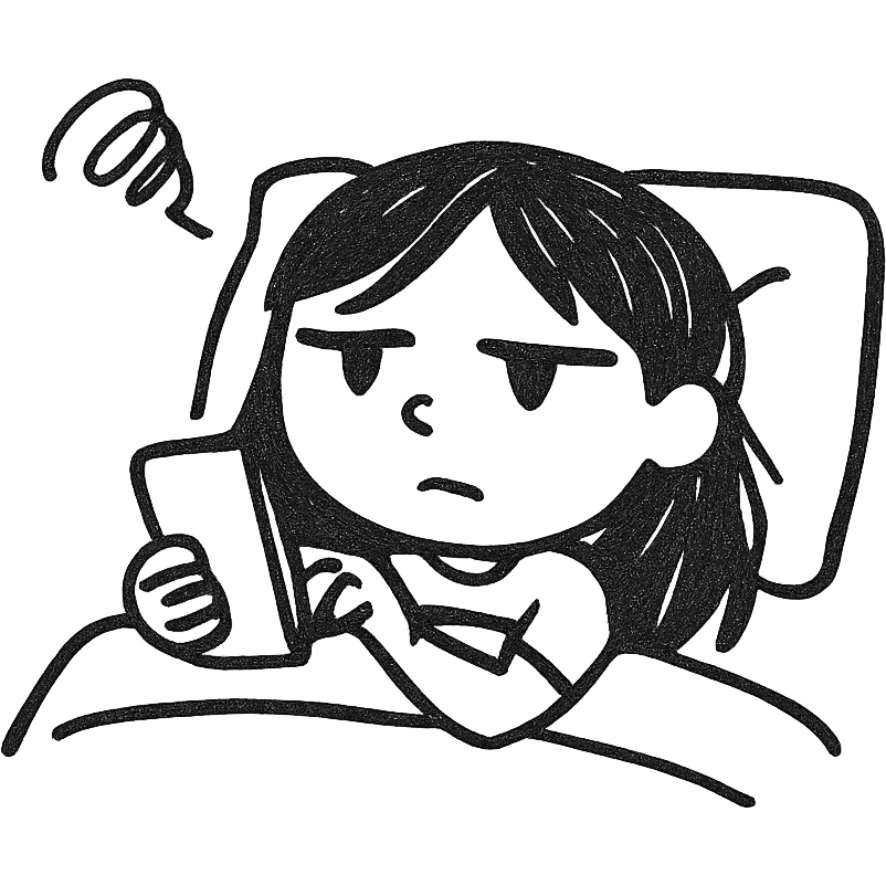 Girl lying in bed, wanting to sleep but not wanting to, staying up late playing with her phone emoji