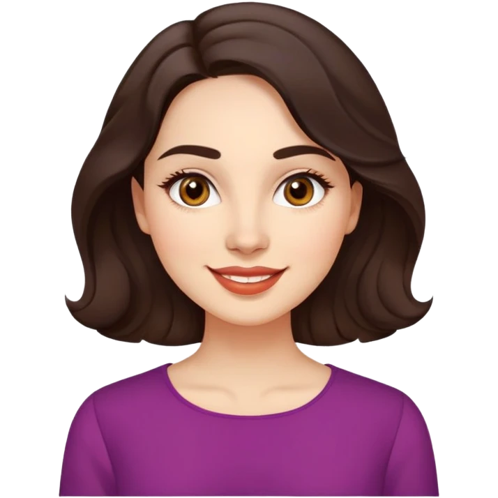 Warm enthusiastic woman with light skin, oval face, soft defined features, large expressive brown eyes, medium arched eyebrows, small nose, medium lips with relaxed smile, long wavy dark brown hair styled simply, wearing a soft vibrant colored elegant blouse emoji