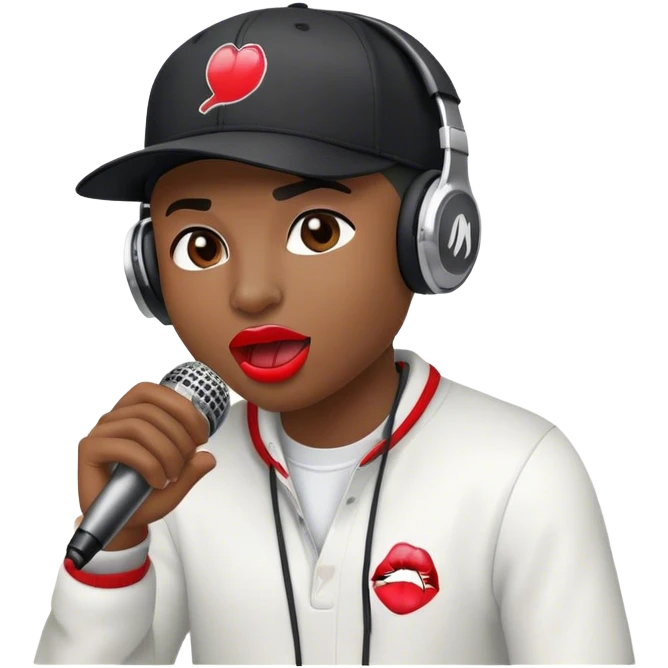Create a dynamic and energetic emoji that represents beatboxing. The design should feature a stylized microphone with lips and sound waves emanating from it and baseball cap on it, symbolizing vocal percussion and rhythm. Add elements like headphones or a subtle speaker to emphasize the music production aspect. Use bold colors like black, white, and red to convey the intensity and creativity of beatboxing. The background should be transparent. emoji