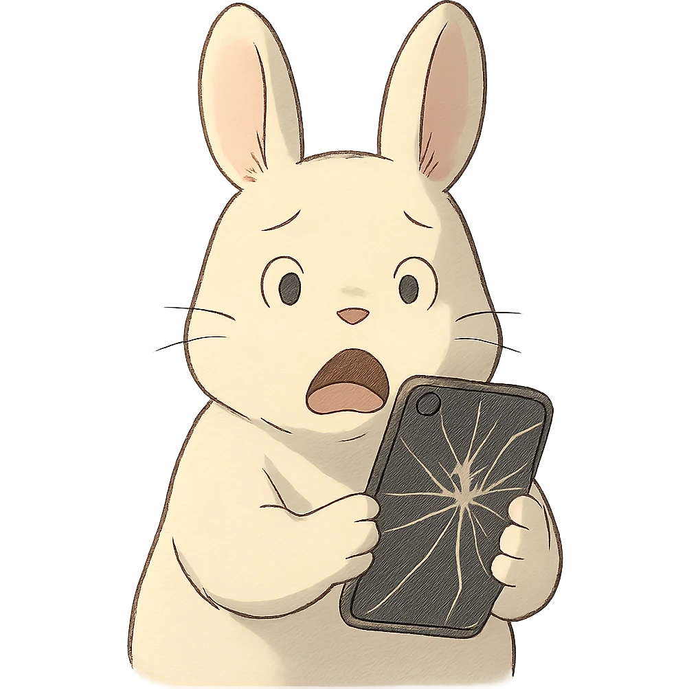 white bunny holding cracked phone with shocked face, soft ghibli style emoji