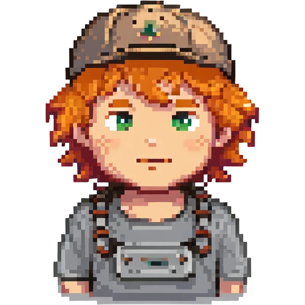 A boy with a backward cap, curly orange hair, and a goatee emoji