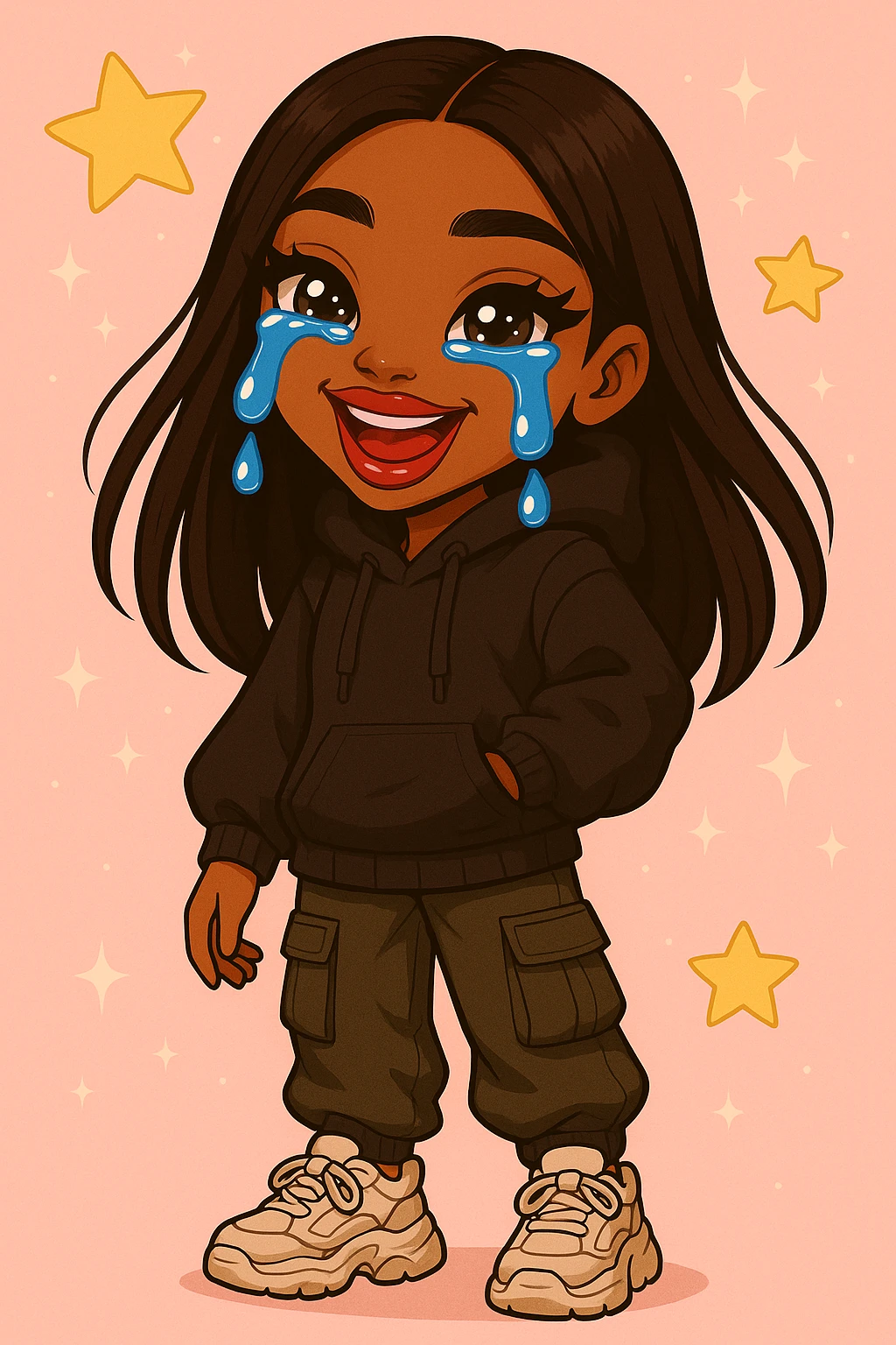 Change her outfit style to trendy streetwear, keep her as a 20-year-old anime Bratz style woman with dark skin, dark hair, crying laughing expression, big expressive eyes, and glossy lips. emoji