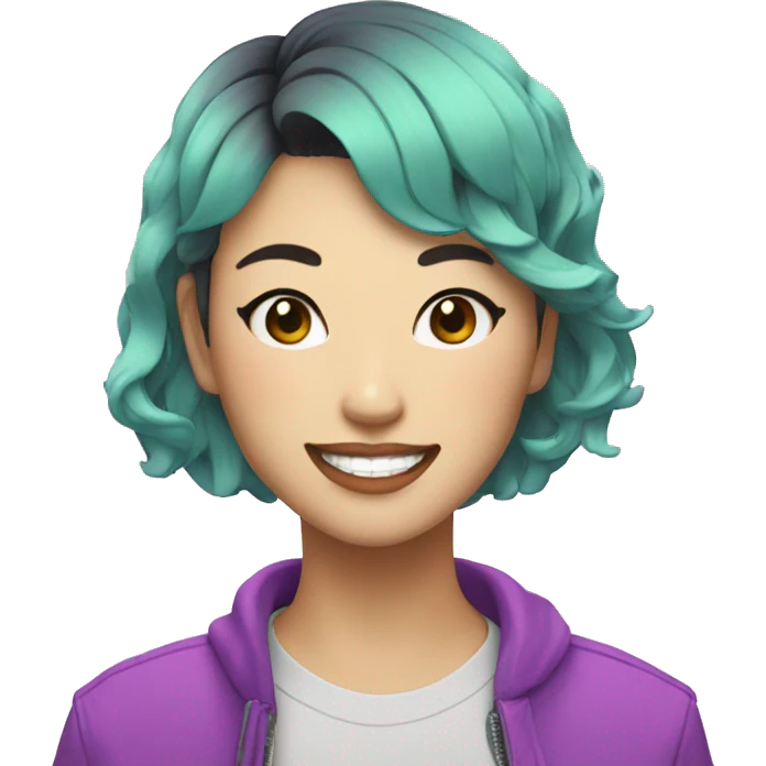 a short-haired Taiwanese lesbian with smile, with vapor wave style as a designer emoji