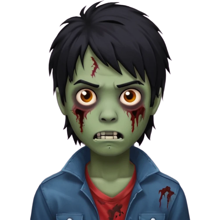 Boy, zombie, black hair, medium long, mullet, emo, shaggy, dark, spooky, black background, creepy expression emoji  emoji