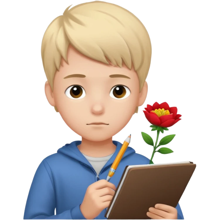 Teen boy drawing boy with flower character in notebook emoji