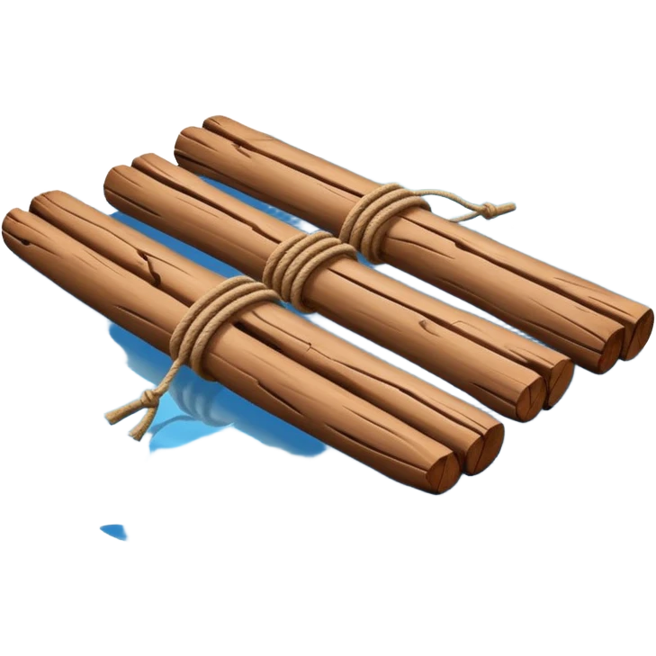 showing a simple wooden raft floating on calm blue water — made of several brown logs tied together with rope — gentle ripples around it — bright, cheerful lighting and soft shadows — minimalist, clean emoji design emoji