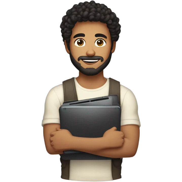 men holding his computer in hands. light brown skin men with curly black hair, dark brown eyes, little grown beard. little bit muscular. dressed casual. round face. emoji