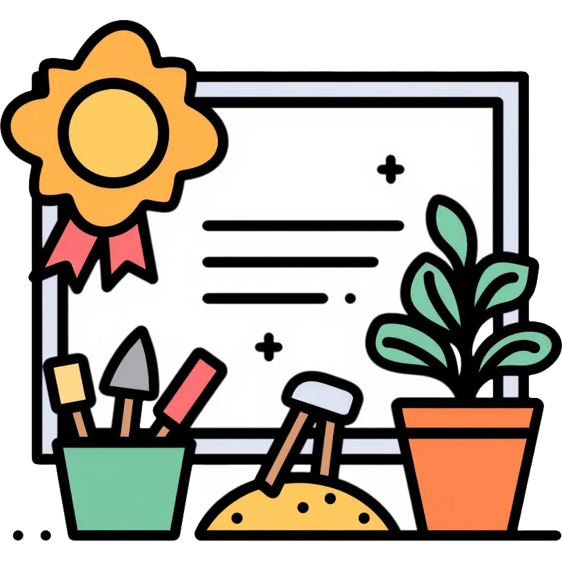 Certificate with gardening tools and plant award emoji