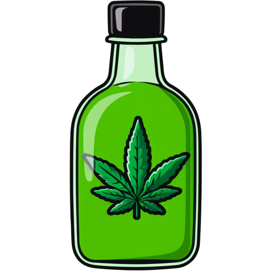 Curved red glass bottle like Coca-Cola with a green cannabis leaf printed on it and a label emoji